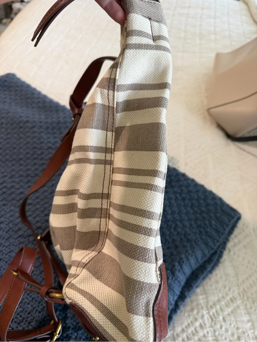 Fossil Cream & Brown Striped Canvas Backpack
